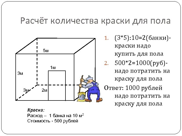 Расчёт количества краски для пола (3*5): 10=2(банки)краски надо купить для пола 2. 500*2=1000(руб)надо потратить