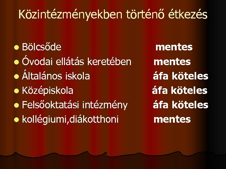Közintézményekben történő étkezés l Bölcsőde mentes l Óvodai ellátás keretében mentes l Általános iskola