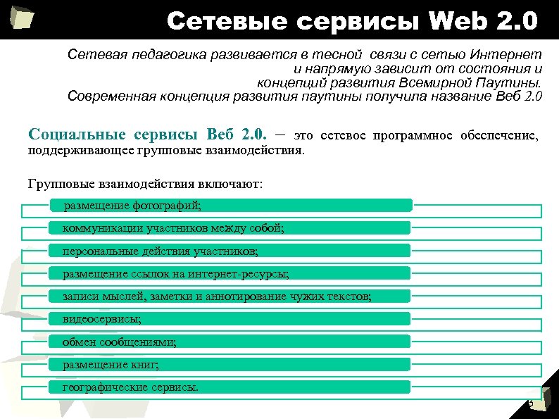 Сетевые сервисы Web 2. 0 Сетевая педагогика развивается в тесной связи с сетью Интернет