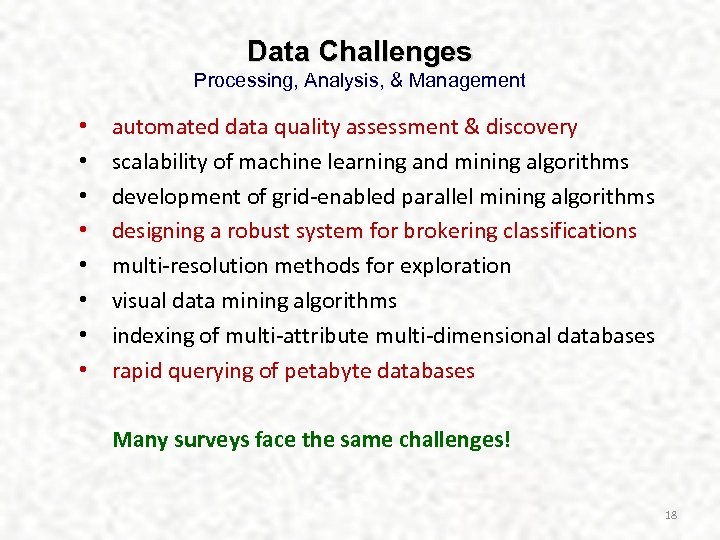Data Challenges Processing, Analysis, & Management • • automated data quality assessment & discovery