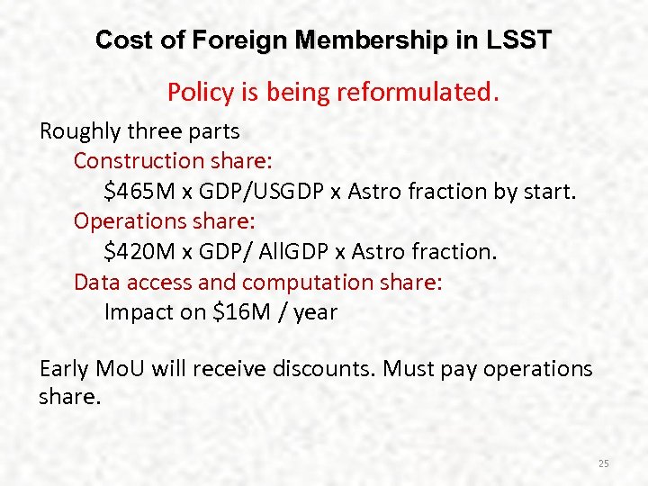 Cost of Foreign Membership in LSST Policy is being reformulated. Roughly three parts Construction