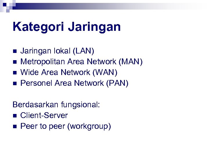 Kategori Jaringan n n Jaringan lokal (LAN) Metropolitan Area Network (MAN) Wide Area Network