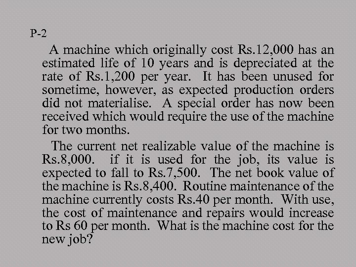 P-2 A machine which originally cost Rs. 12, 000 has an estimated life of