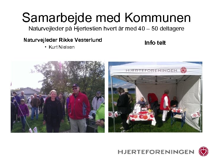 Samarbejde med Kommunen Naturvejleder på Hjertestien hvert år med 40 – 50 deltagere Naturvejleder