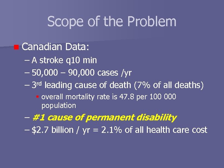 Scope of the Problem n Canadian Data: – A stroke q 10 min –
