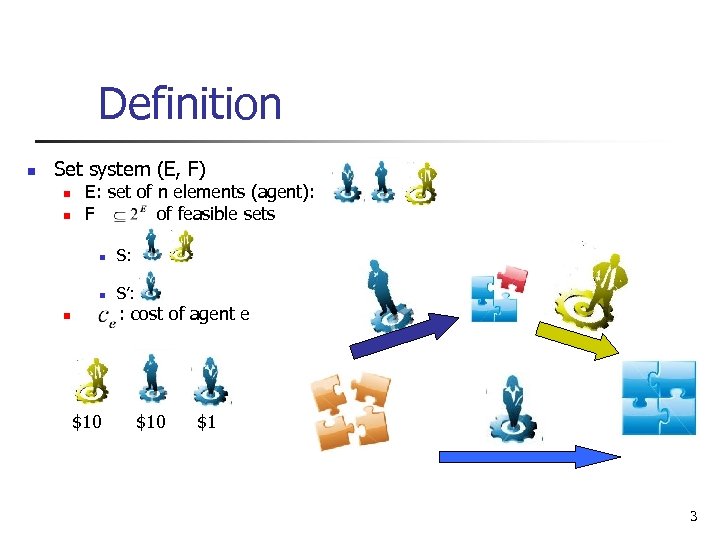 Definition n Set system (E, F) n n E: set of n elements (agent):
