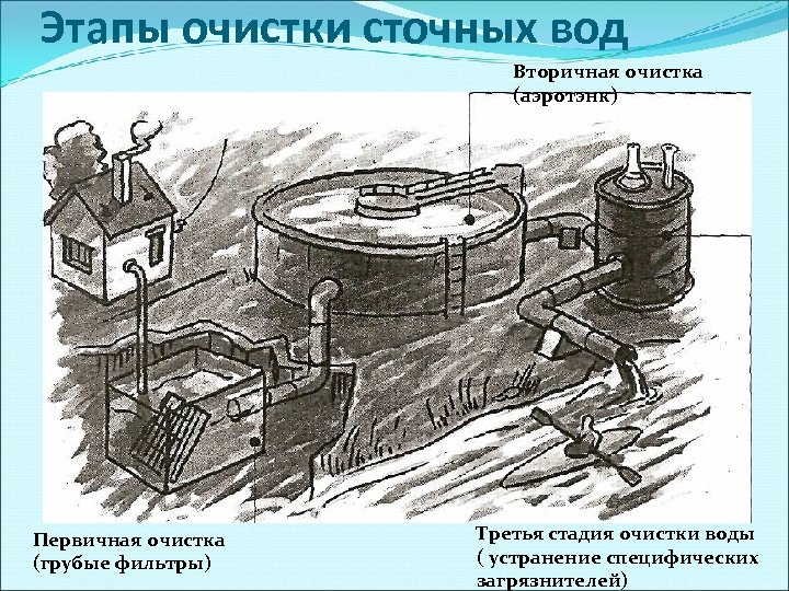 Этапы очистки сточных вод Вторичная очистка (аэротэнк) Первичная очистка (грубые фильтры) Третья стадия очистки