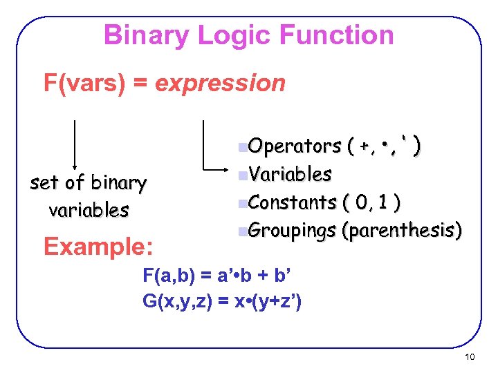 Binary Logic Function F(vars) = expression n. Operators set of binary variables Example: n.