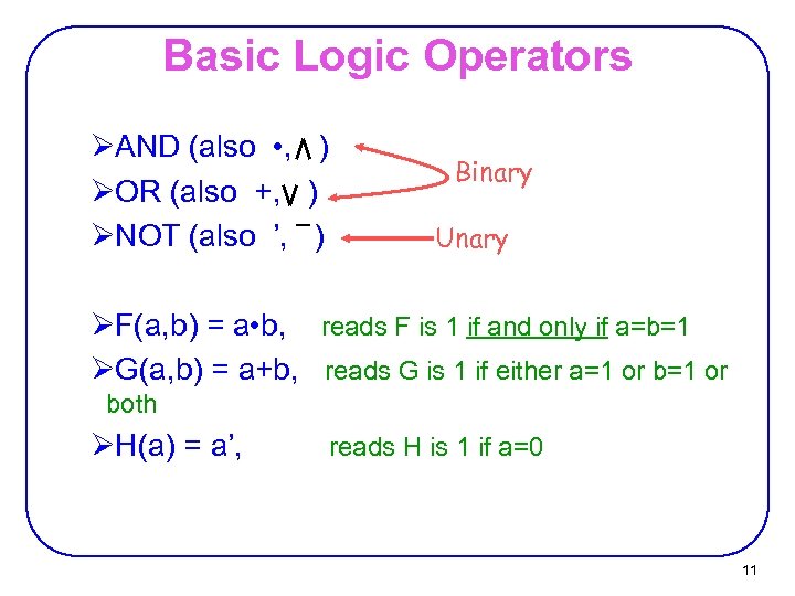 Basic Logic Operators ØAND (also • , ) ØOR (also +, ) ØNOT (also