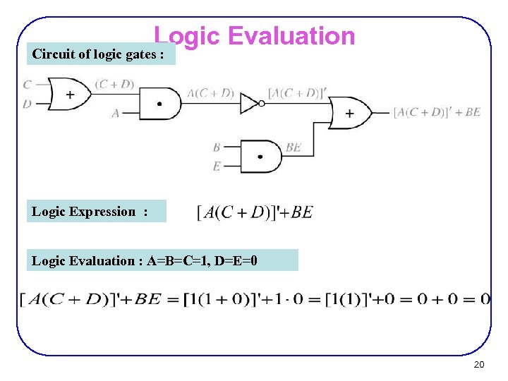 Logic Evaluation Circuit of logic gates : Logic Expression : Logic Evaluation : A=B=C=1,