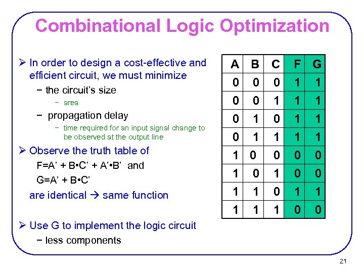 Combinational Logic Optimization Ø In order to design a cost-effective and efficient circuit, we