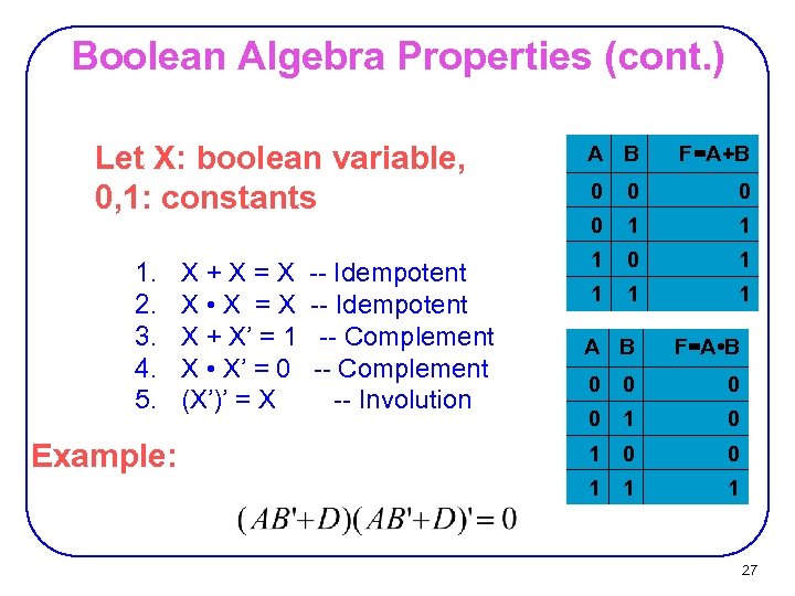 Boolean Algebra Properties (cont. ) Let X: boolean variable, 0, 1: constants 1. 2.