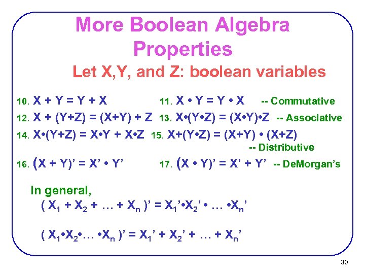 More Boolean Algebra Properties Let X, Y, and Z: boolean variables 10. 12. 14.