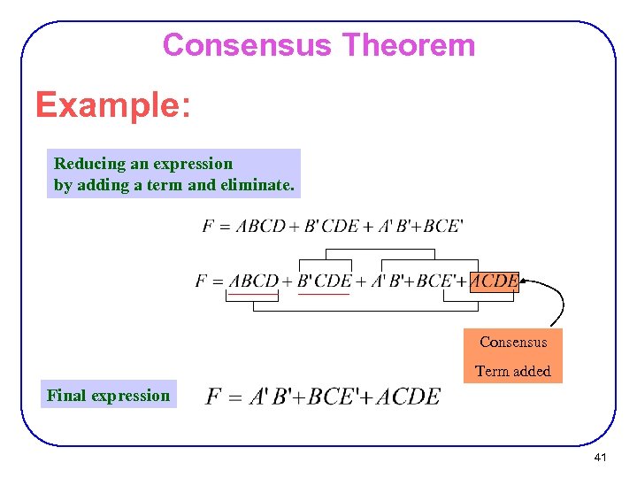 Consensus Theorem Example: Reducing an expression by adding a term and eliminate. Consensus Term