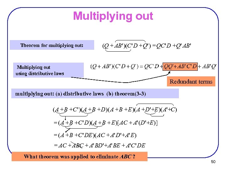 Multiplying out Theorem for multiplying out: (Q + AB' )(C ' D + Q'