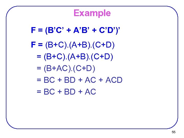 Example F = (B’C’ + A’B’ + C’D’)’ F = (B+C). (A+B). (C+D) =