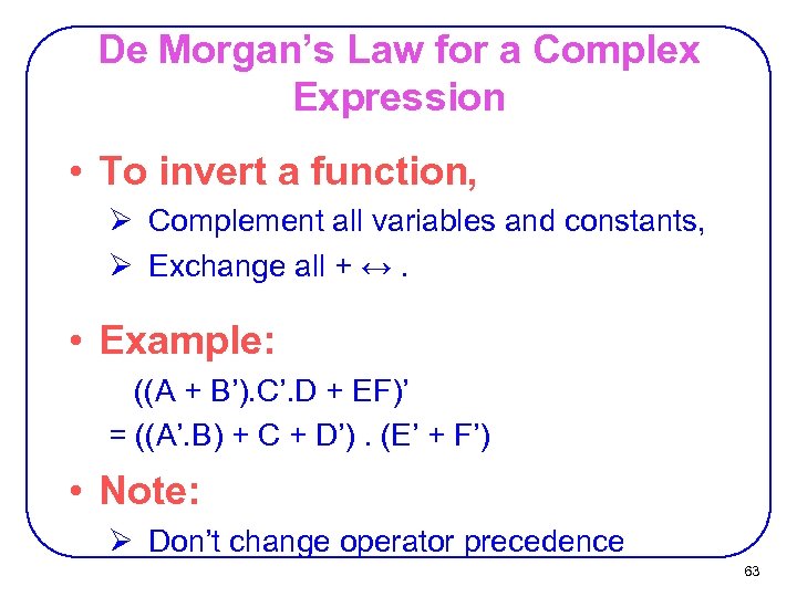 De Morgan’s Law for a Complex Expression • To invert a function, Ø Complement