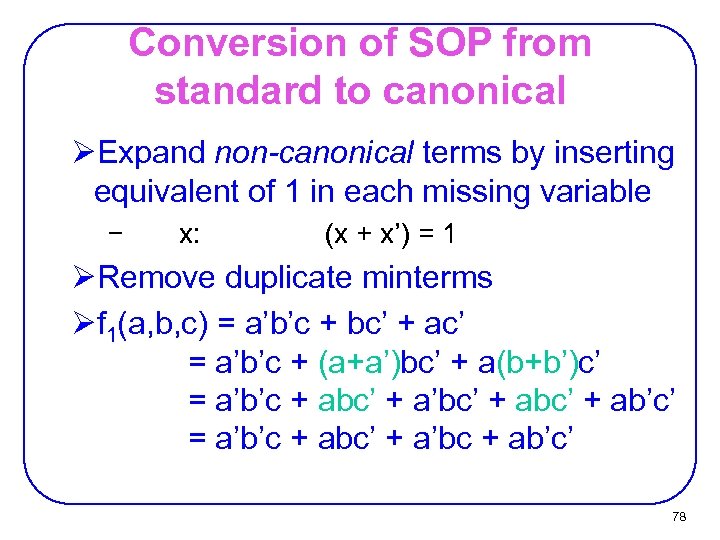 Conversion of SOP from standard to canonical ØExpand non-canonical terms by inserting equivalent of