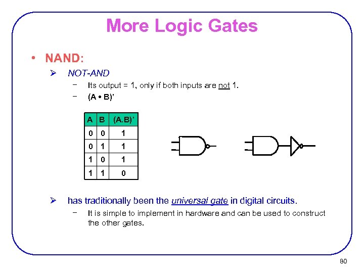 More Logic Gates • NAND: Ø NOT-AND − − Its output = 1, only