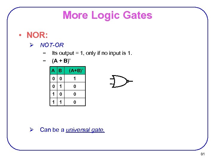 More Logic Gates • NOR: Ø NOT-OR − − Its output = 1, only