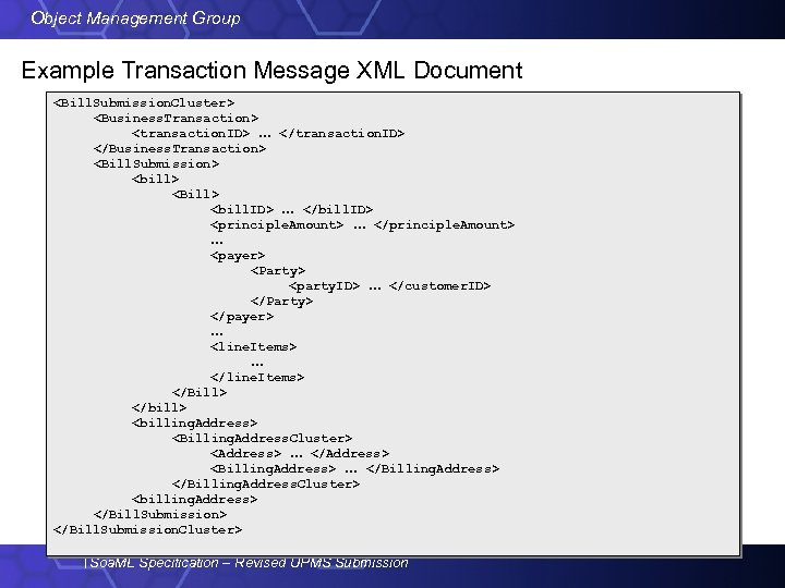 Object Management Group Example Transaction Message XML Document <Bill. Submission. Cluster> <Business. Transaction> <transaction.