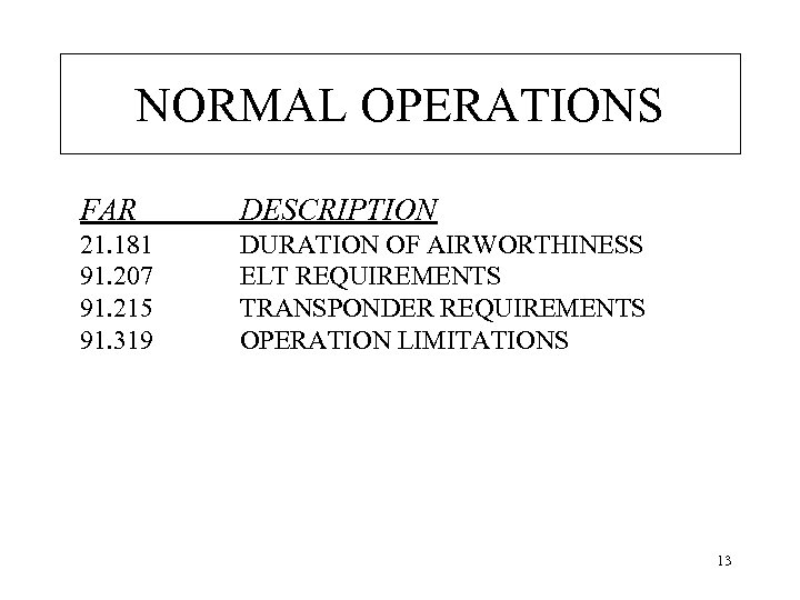 NORMAL OPERATIONS FAR DESCRIPTION 21. 181 91. 207 91. 215 91. 319 DURATION OF