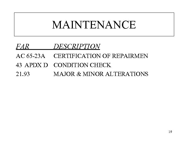 MAINTENANCE FAR DESCRIPTION AC 65 -23 A CERTIFICATION OF REPAIRMEN 43 APDX D CONDITION