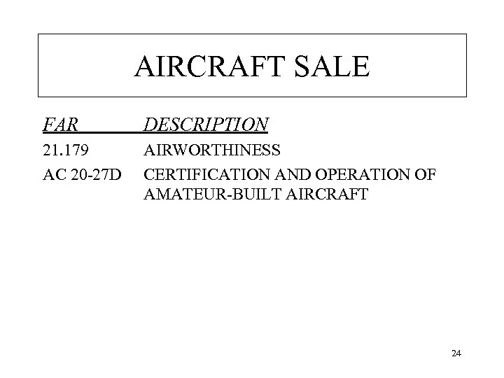 AIRCRAFT SALE FAR DESCRIPTION 21. 179 AC 20 -27 D AIRWORTHINESS CERTIFICATION AND OPERATION