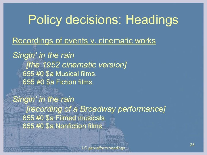 Policy decisions: Headings Recordings of events v. cinematic works Singin’ in the rain [the