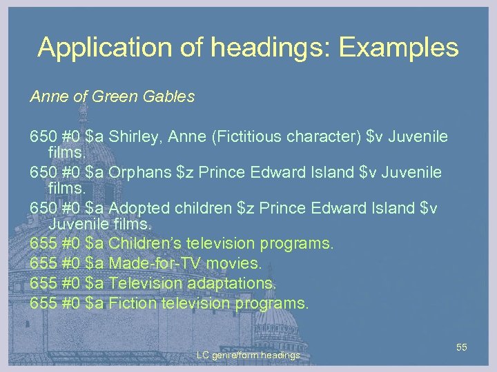 Application of headings: Examples Anne of Green Gables 650 #0 $a Shirley, Anne (Fictitious