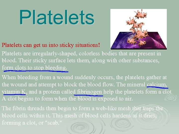 Platelets can get us into sticky situations! Platelets are irregularly-shaped, colorless bodies that are