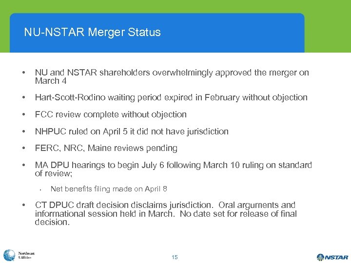 NU-NSTAR Merger Status • NU and NSTAR shareholders overwhelmingly approved the merger on March