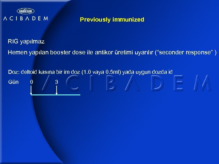 Previously immunized RIG yapılmaz Hemen yapılan booster dose ile antikor üretimi uyarılır (“seconder response”