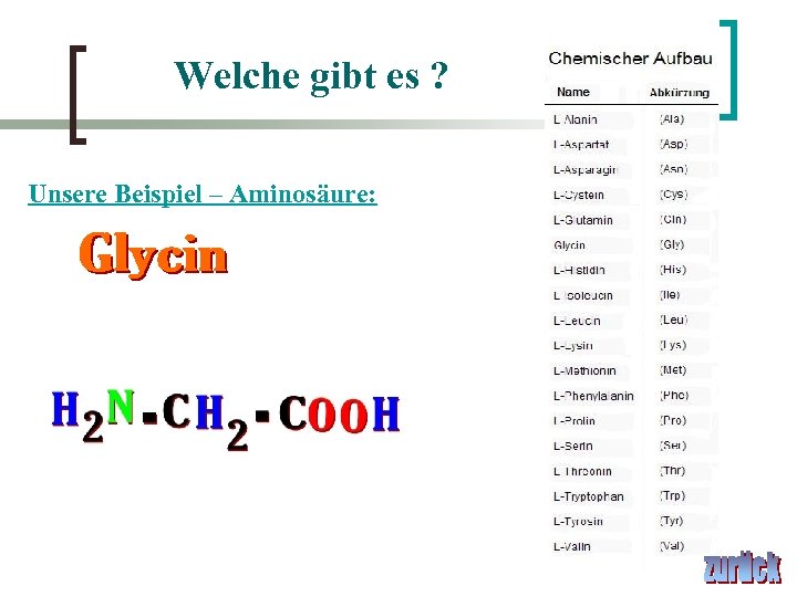 Welche gibt es ? Unsere Beispiel – Aminosäure: 