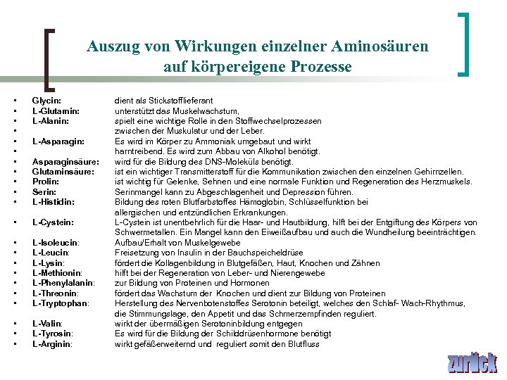 Auszug von Wirkungen einzelner Aminosäuren auf körpereigene Prozesse • • • Glycin: L-Glutamin: L-Alanin: