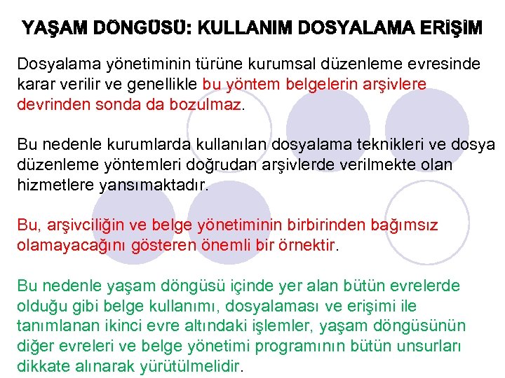 Dosyalama yönetiminin türüne kurumsal düzenleme evresinde karar verilir ve genellikle bu yöntem belgelerin arşivlere