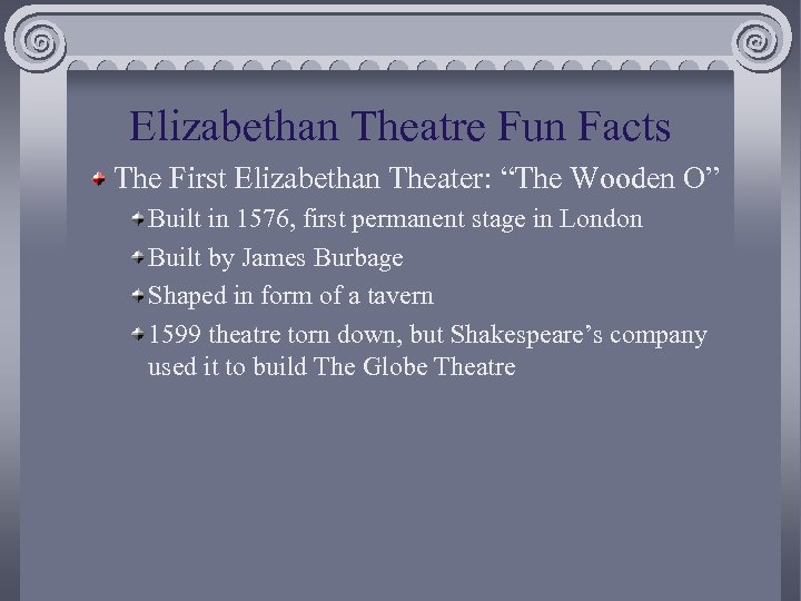 Elizabethan Theatre Fun Facts The First Elizabethan Theater: “The Wooden O” Built in 1576,