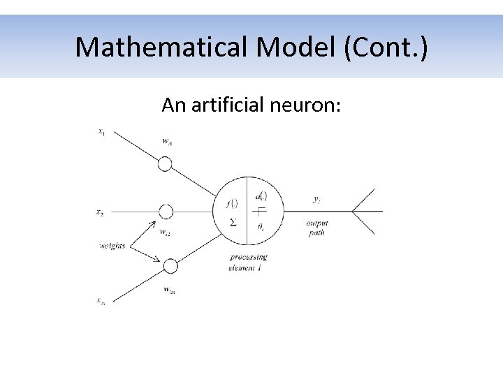 Mathematical Model (Cont. ) An artificial neuron: 
