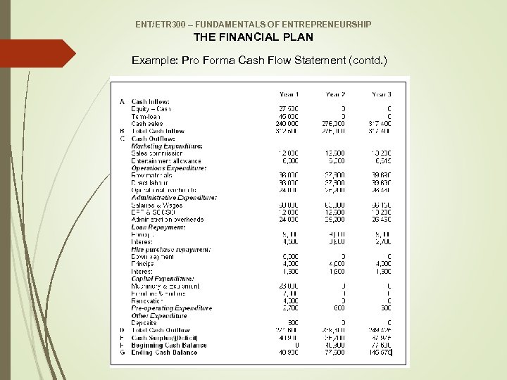 ENT/ETR 300 – FUNDAMENTALS OF ENTREPRENEURSHIP THE FINANCIAL PLAN Example: Pro Forma Cash Flow