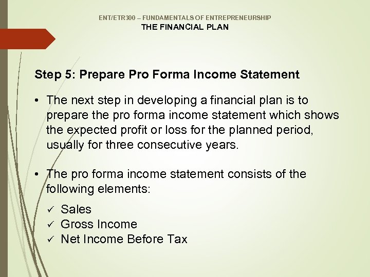 ENT/ETR 300 – FUNDAMENTALS OF ENTREPRENEURSHIP THE FINANCIAL PLAN Step 5: Prepare Pro Forma