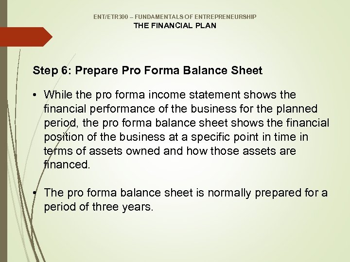 ENT/ETR 300 – FUNDAMENTALS OF ENTREPRENEURSHIP THE FINANCIAL PLAN Step 6: Prepare Pro Forma