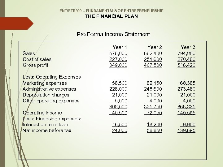 ENT/ETR 300 – FUNDAMENTALS OF ENTREPRENEURSHIP THE FINANCIAL PLAN Pro Forma Income Statement Sales