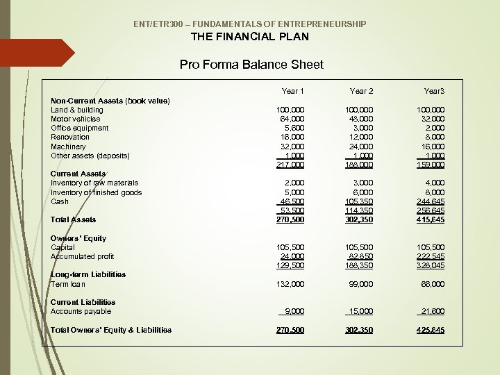 ENT/ETR 300 – FUNDAMENTALS OF ENTREPRENEURSHIP THE FINANCIAL PLAN Pro Forma Balance Sheet Year