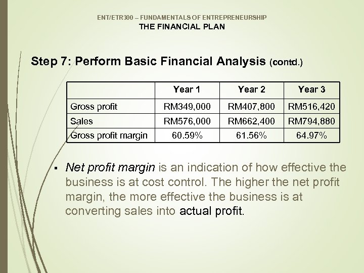 ENT/ETR 300 – FUNDAMENTALS OF ENTREPRENEURSHIP THE FINANCIAL PLAN Step 7: Perform Basic Financial