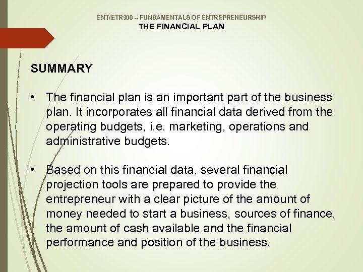 ENT/ETR 300 – FUNDAMENTALS OF ENTREPRENEURSHIP THE FINANCIAL PLAN SUMMARY • The financial plan