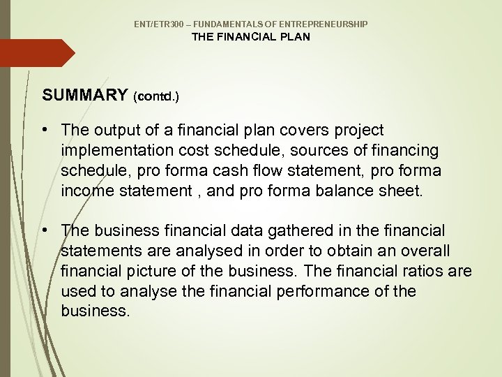 ENT/ETR 300 – FUNDAMENTALS OF ENTREPRENEURSHIP THE FINANCIAL PLAN SUMMARY (contd. ) • The
