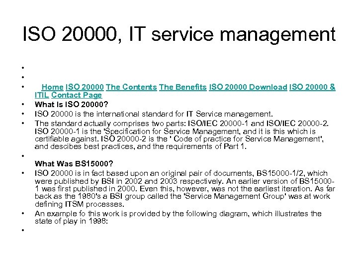 ISO 20000, IT service management • • • Home ISO 20000 The Contents The