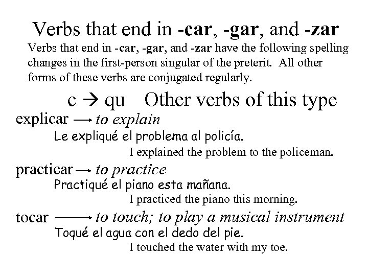 Verbs that end in -car, -gar, and -zar have the following spelling changes in