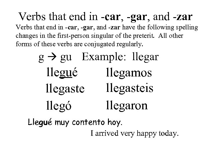 Verbs that end in -car, -gar, and -zar have the following spelling changes in