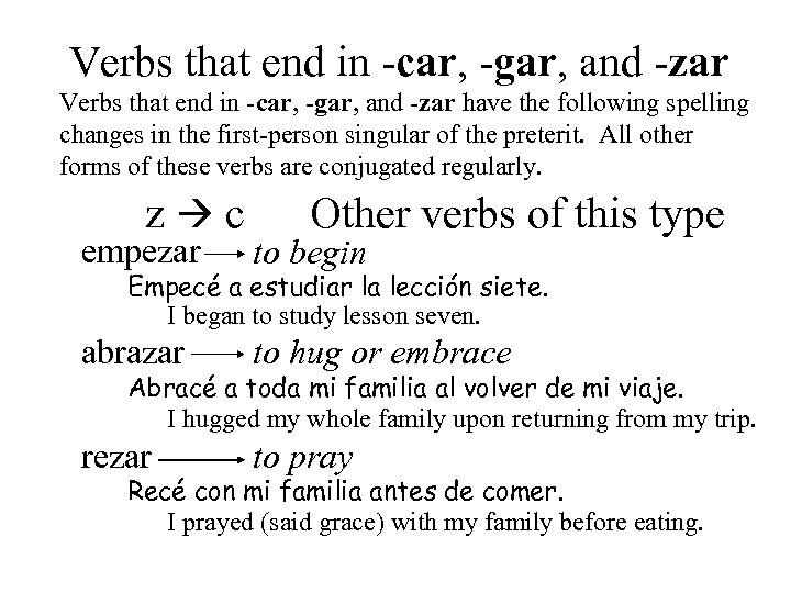 Verbs that end in -car, -gar, and -zar have the following spelling changes in